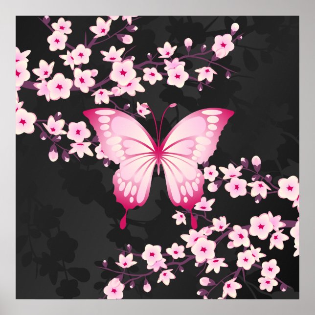 Poster Borboleta Preta Rosa E Flores De Cereja (Frente)