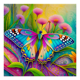 Póster Borboleta Psicodélica Colorida e Flores Silvestres