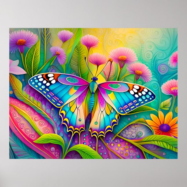 Poster Borboleta Psicodélica Colorida e Flores Silvestres (Frente)