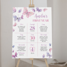 Poster Borboleta Púrpura Rosa Primeiro Marco de Aniversár