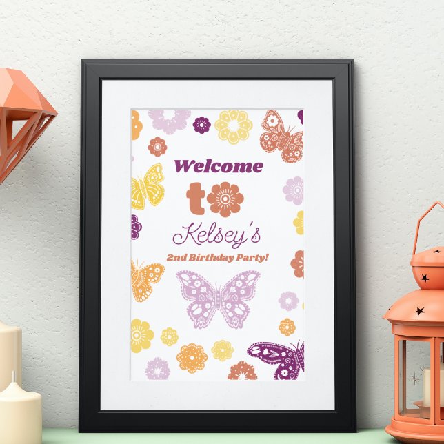 Poster Borboleta Retro Boas-vindas Boas-vindas (Frameable Butterfly Birthday Welcome Sign)