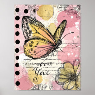 Poster Borboleta Rosa Dourado em Aquarela Arte Boho Natur