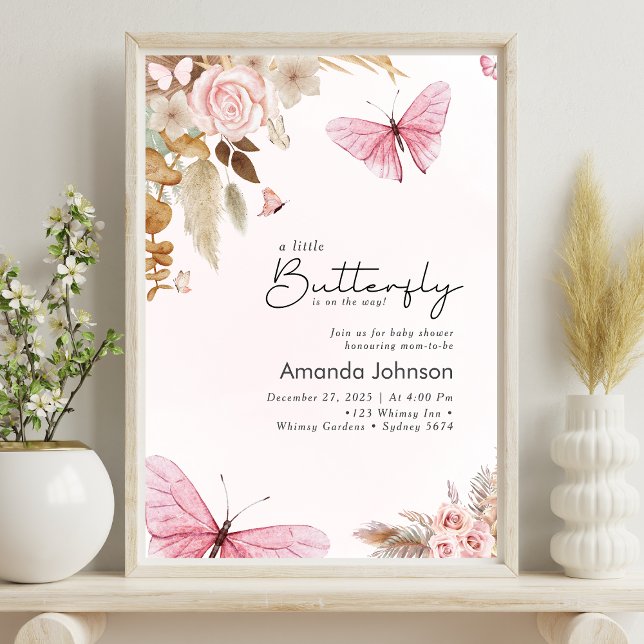 Poster Borboleta Rosa Grama das Pampas Chuveiro de Bebê B (Criador carregado)
