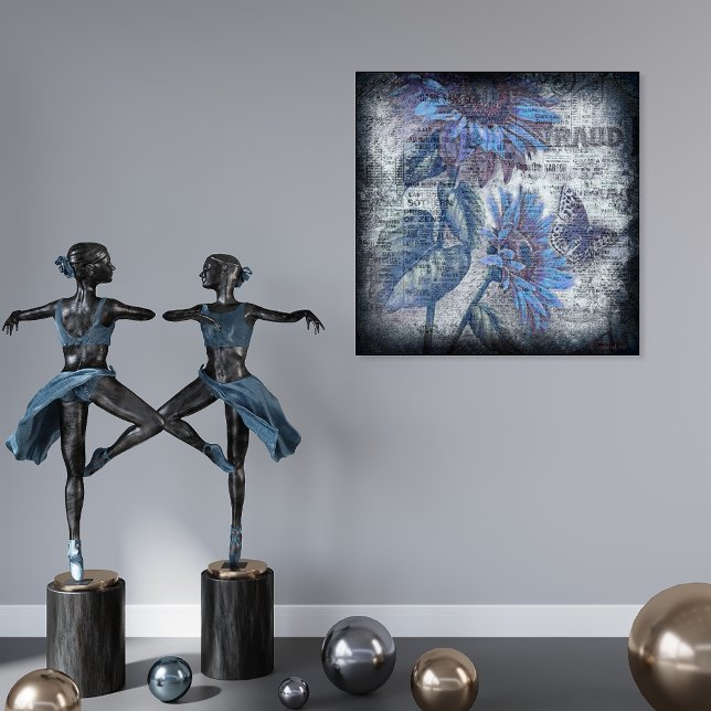 Poster Borboleta Rústica De Girassol Azul Ephemera Grunge (Criador carregado)