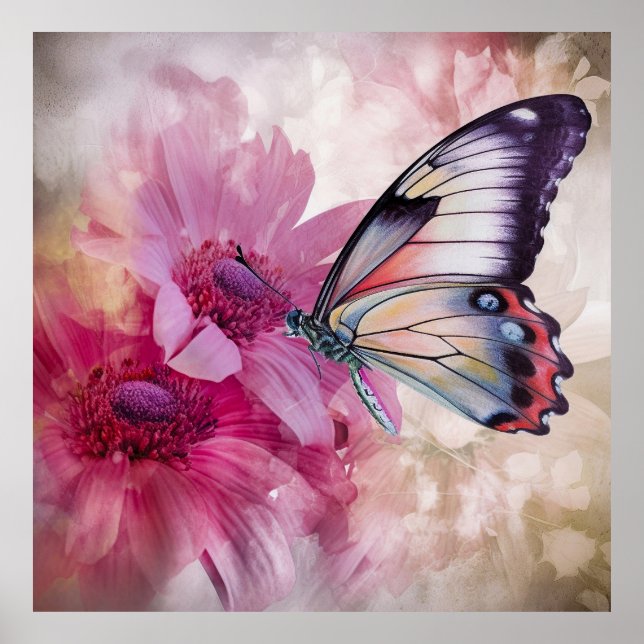 Poster Borboleta Sonhadora com Flores Rosa (Frente)