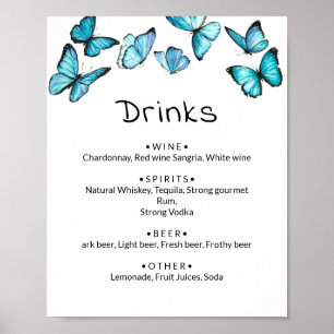 Poster Borboletas azuis. Menu Bebidas de Casamento Whimsi