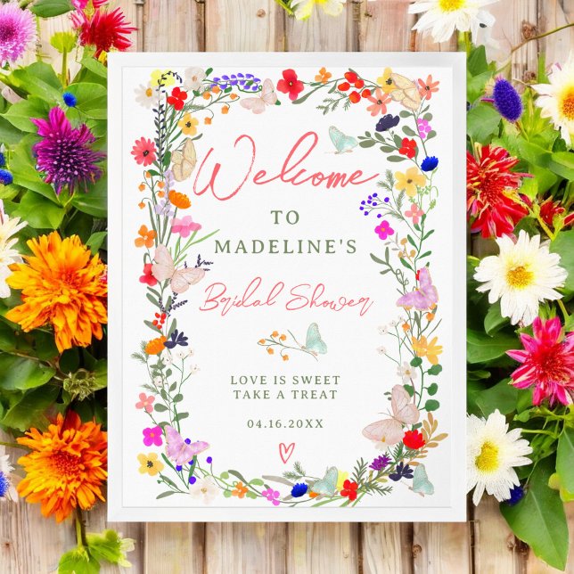 Poster Borboletas boho flores silvestres brilhantes brida (Butterflies boho bright wildflowers bridal welcome poster)