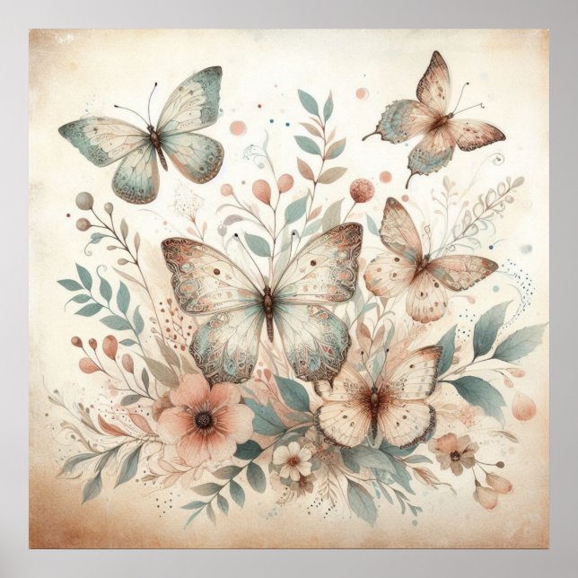 Poster Borboletas de flores em cores pastel aquarela (Frente)