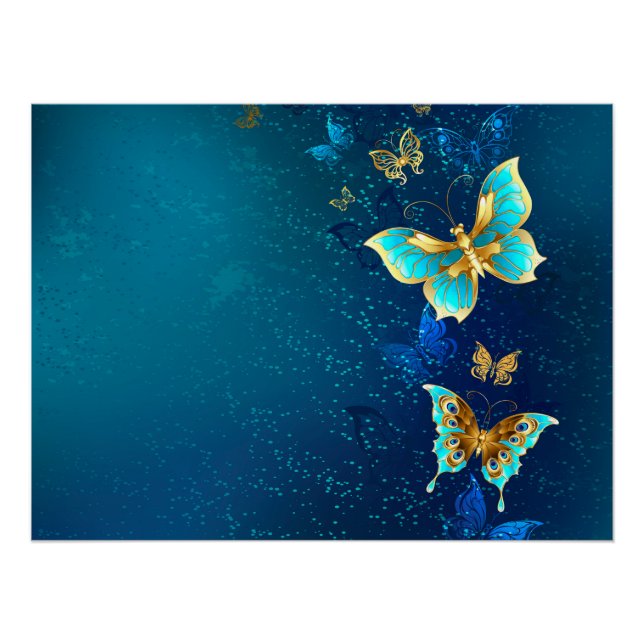 Póster Borboletas de ouro em um fundo azul (Frente)