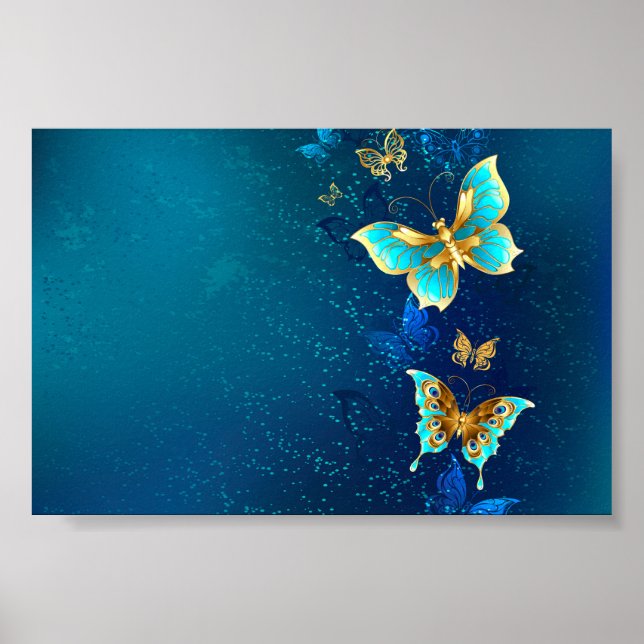 Poster Borboletas de ouro em um fundo azul (Frente)