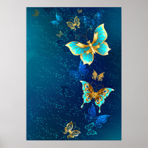 Poster Borboletas de ouro em um fundo azul