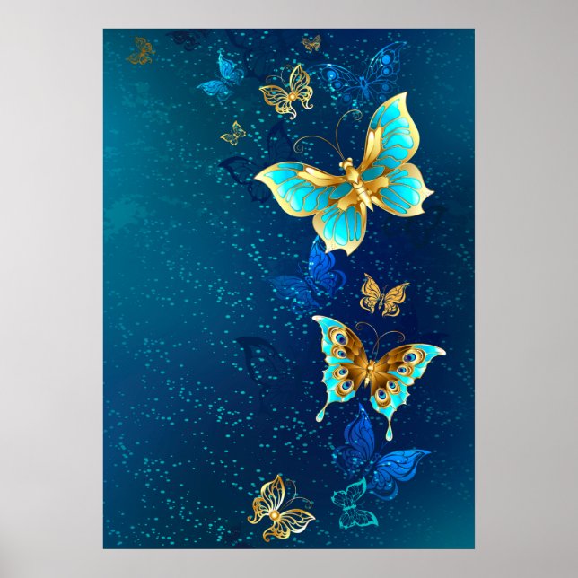 Poster Borboletas de ouro em um fundo azul (Frente)