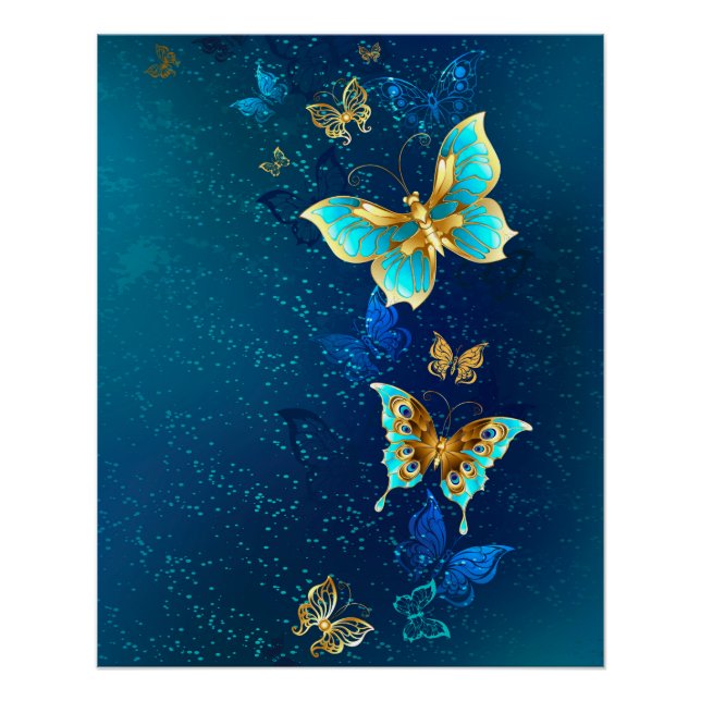 Póster Borboletas de ouro em um fundo azul (Frente)