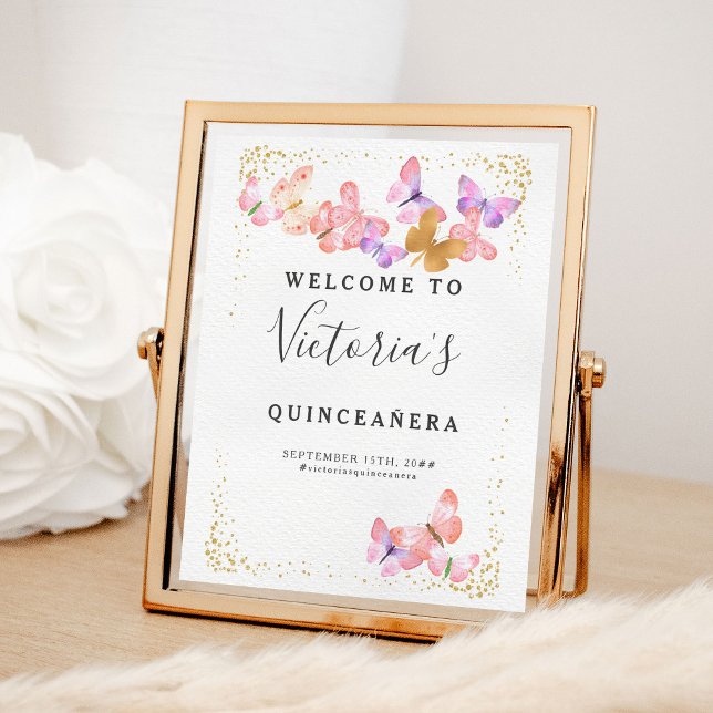 Poster Borboletas Douradas Corais Borboletas Bem-vindas (Welcome Poster from my Butterfly Skies Quinceanera collections - order printed or digital)