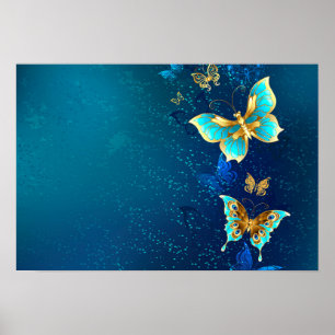Poster Borboletas Douradas em um Fundo Azul