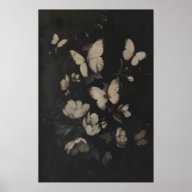 Poster Borboletas e Flores Brancas Caprichosas Escuras (Frente)