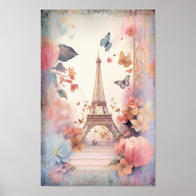 Poster Borboletas e Flores da Torre Eiffel (Frente)