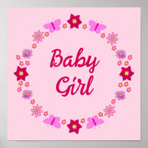 Poster Borboletas e flores de bebê cor-de-rosa personaliz