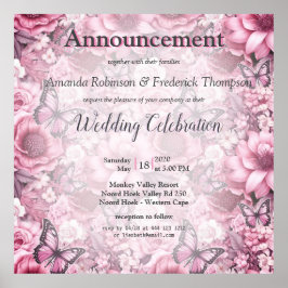 Poster Borboletas e flores em diferentes tons de pinks