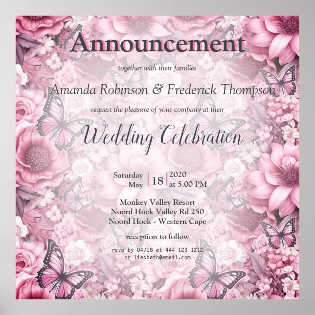 Poster Borboletas e flores em diferentes tons de pinks (Frente)