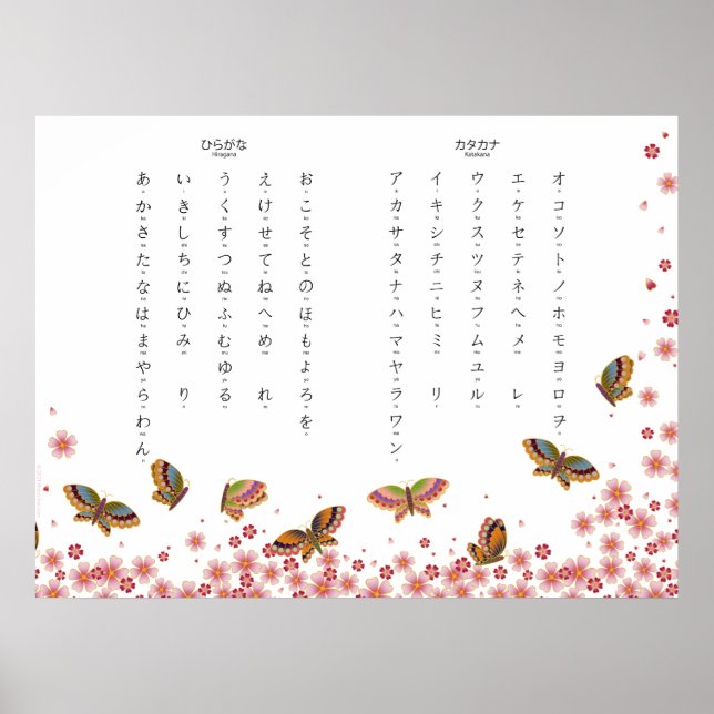 Poster Borboletas e Sakura Hiragana Katakana Po Japonês (Frente)
