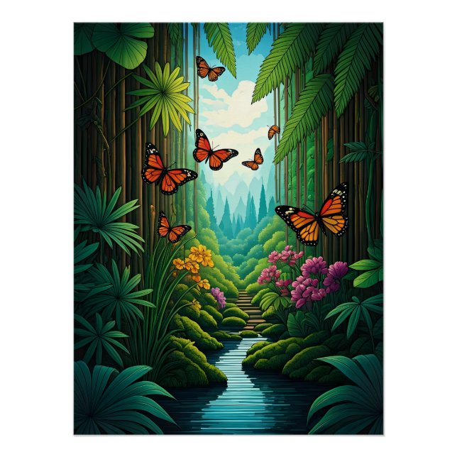 Póster Borboletas em uma Selva Exuberante (Frente)