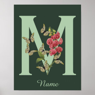 Poster Borboletas Flor Monograma Inicial M Personalizado