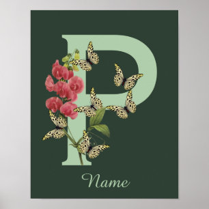 Poster Borboletas Flor Monograma Inicial P Personalizado