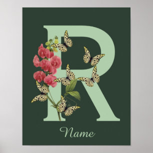Poster Borboletas Flor Monograma Inicial R Personalizado