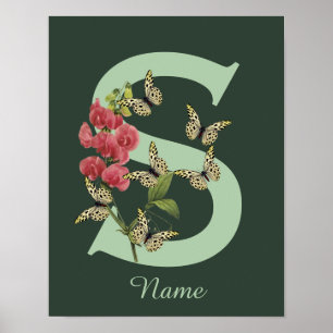 Poster Borboletas Flor Monograma Inicial S Personalizado