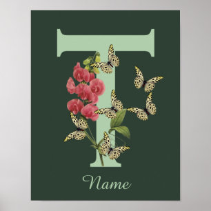 Poster Borboletas Flor Monograma Inicial T Personalizado