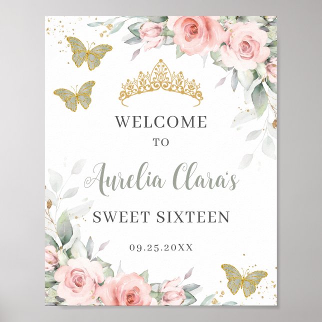 Poster Borboletas Florais Blush Sage Green Sweet 16 (Frente)