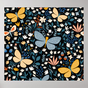 Poster Borboletas Florais: Mão Desenhada Sem Costura.