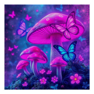 Póster Borboletas, flores e cogumelos-