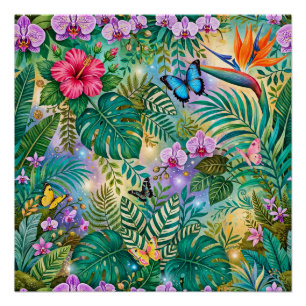 Póster Borboletas Flores Fantasia da Selva Alegre