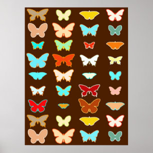Poster Borboletas, Marrom, Turquesa e Coral