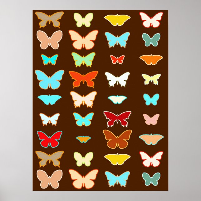 Poster Borboletas, Marrom, Turquesa e Coral (Frente)
