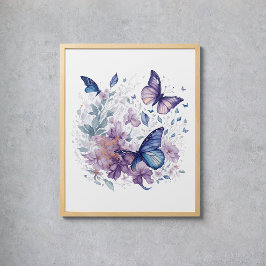 Poster Borboletas Místicas Aquarela Flor Azul Púrpura