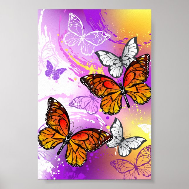 Poster Borboletas Monarcas em Fundo Roxo (Frente)