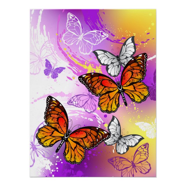 Póster Borboletas Monarcas em Fundo Roxo (Frente)