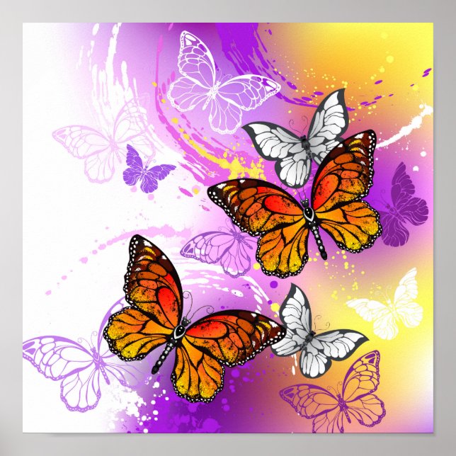 Poster Borboletas Monarcas em Fundo Roxo (Frente)