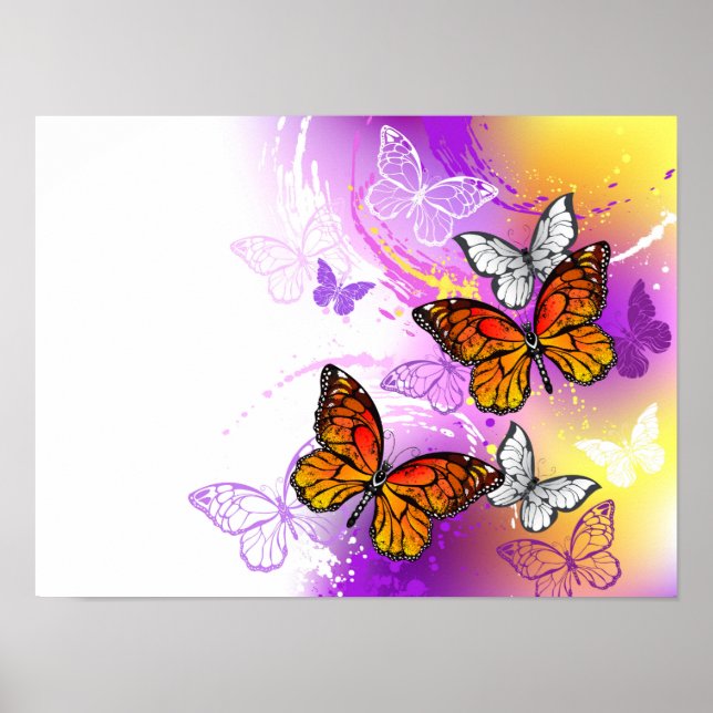 Poster Borboletas Monarcas em Fundo Roxo (Frente)