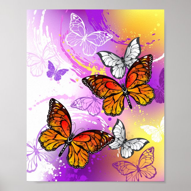 Poster Borboletas Monarcas em Fundo Roxo (Frente)
