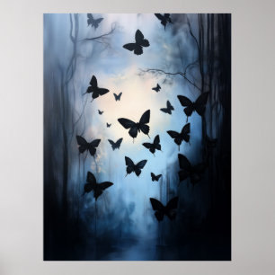 Poster Borboletas Negras Dramáticas Céu Azul Abstrato Art