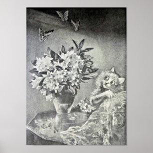 Póster Borboletas, vaso de flor, gato, Louis Wain