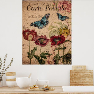 Poster Borboletas Vintage e Flores Francesas