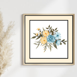 Poster Borda Amarela bonito Flores de Cores Aquáticas