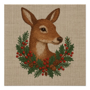 Póster Bordado russo Deer & Holiday Greens Natal