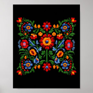 Poster Bordado ucraniano engraçado Flores tradicionais Na