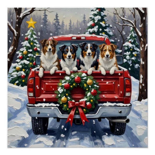 Póster Border Collie Christmas Red Truck Holiday (Frente)